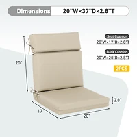Aoodor 2Pcs Outdoor High Back Dining Chair Cushion Set, Fade and Water Resistant Polyester Fabric Cover with Ties Zipper, 20'' × 37''