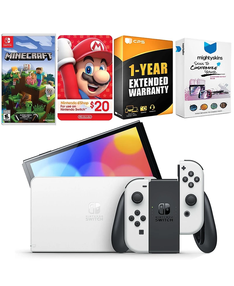 Nintendo Switch White Oled Console with Minecraft: Switch Edition, Nintendo $20 eShop Gift Card, MightySkins Console and Controller Skin Voucher