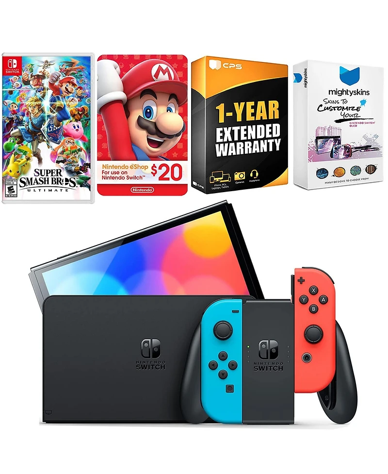 Nintendo Switch Neon Red & Blue Oled Console with Super Smash Bros: Ultimate, Nintendo $20 eShop Gift Card