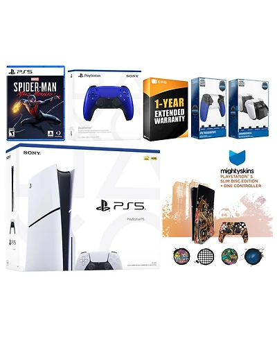 Sony Playstation 5 Slim Disc with Spider-Man: Miles Morales, Extra Chroma Teal Controller, Trigger Stop Kit, Charge Dock and MightySkins Decal Voucher
