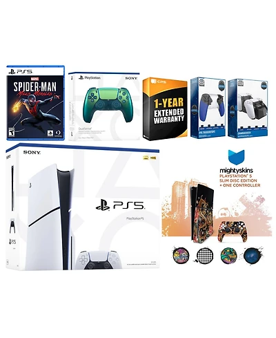 Sony Playstation 5 Slim Disc with Spider-Man: Miles Morales, Extra Chroma Teal Controller, Trigger Stop Kit, Charge Dock and MightySkins Decal Voucher