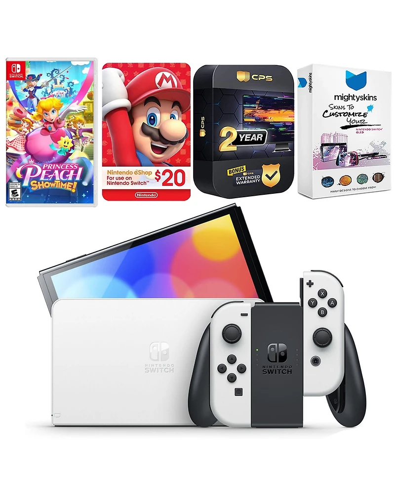 Nintendo Switch White Oled Console with Princess Peach: Showtime!, Nintendo $20 eShop Gift Card, MightySkins Console and Controller Skin Voucher, and