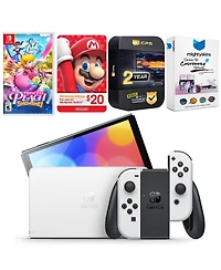 Nintendo Switch White Oled Console with Princess Peach: Showtime!, Nintendo $20 eShop Gift Card, MightySkins Console and Controller Skin Voucher, and