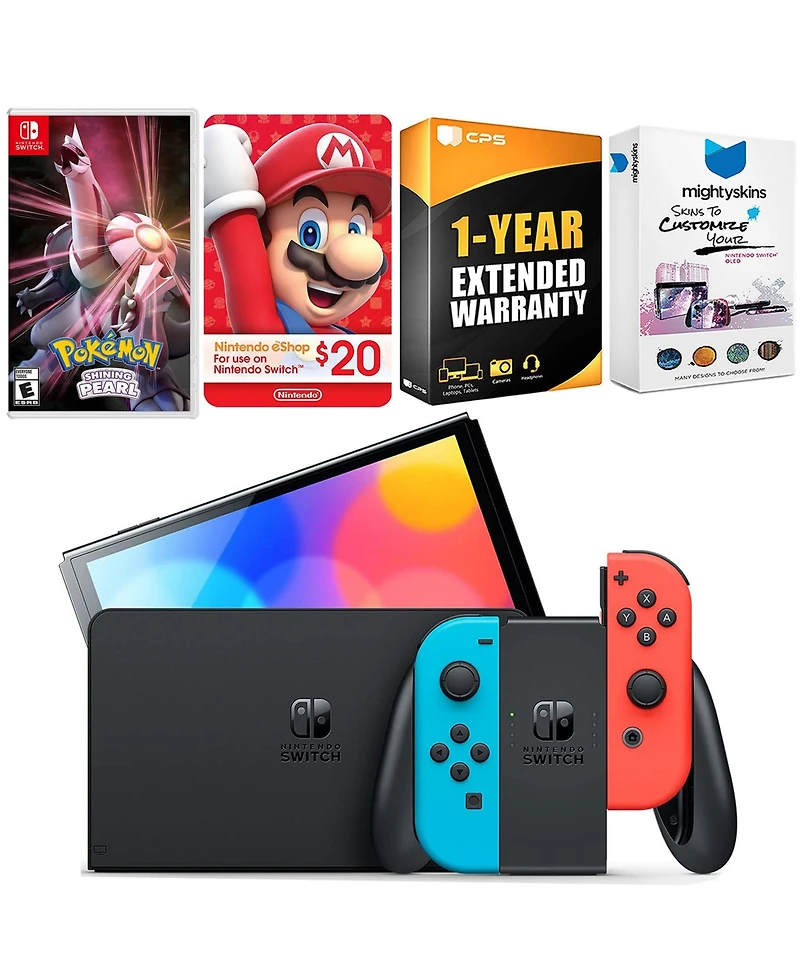 Nintendo Switch Neon Red & Blue Oled Console with Pokemon Shining Pearl, Nintendo $20 eShop Gift Card