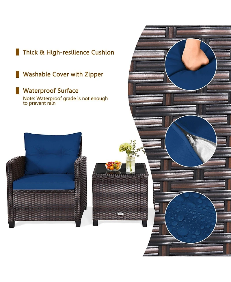 Gymax 3PCS Outdoor Patio Rattan Conversation Set Garden Yard w/ Navy Cushions