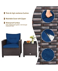 Gymax 3PCS Outdoor Patio Rattan Conversation Set Garden Yard w/ Navy Cushions