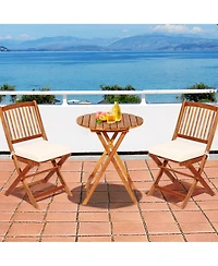 Gymax 3PCS Folding Acacia Wood Bistro Set Patio Conversation Set w/ Cushions