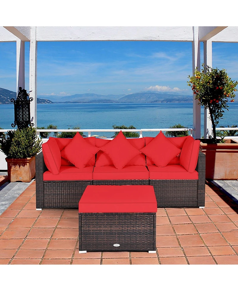 Gymax 4PCS Rattan Patio Conversation Furniture Set Yard Outdoor w/ Red Cushion