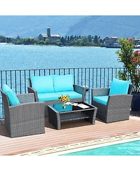 Gymax 4PCS Patio Rattan Conversation Set Outdoor Furniture Set w/ Turquoise Cushions