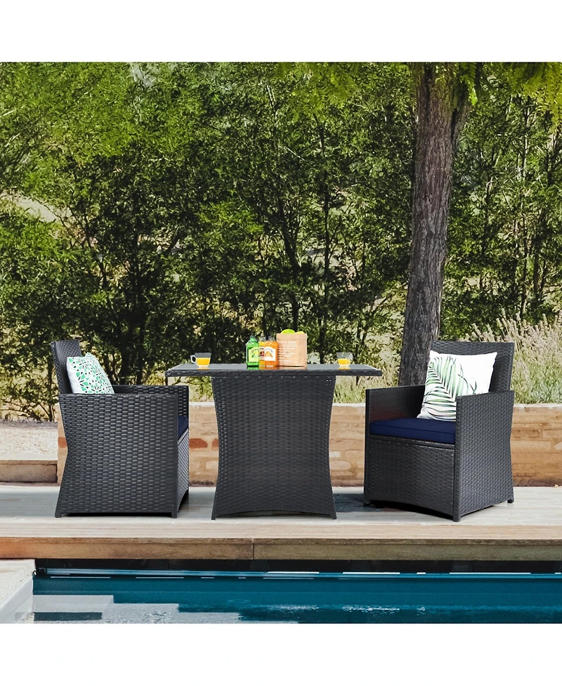 Gymax 3PCS Patio Wicker Bistro Set Pe Rattan Dining Table Set w/ Navy Cushions