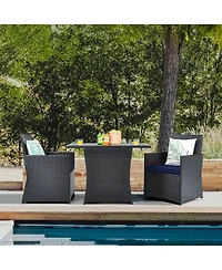 Gymax 3PCS Patio Wicker Bistro Set Pe Rattan Dining Table Set w/ Navy Cushions