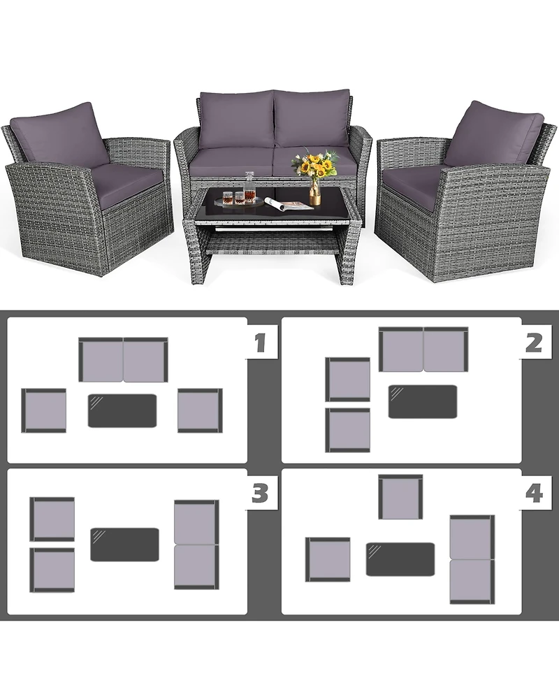 Gymax 4PCS Patio Rattan Conversation Set Outdoor Furniture Set w/ Grey Cushions