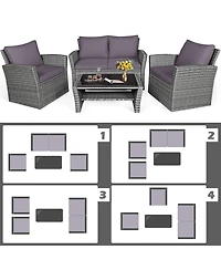 Gymax 4PCS Patio Rattan Conversation Set Outdoor Furniture Set w/ Grey Cushions