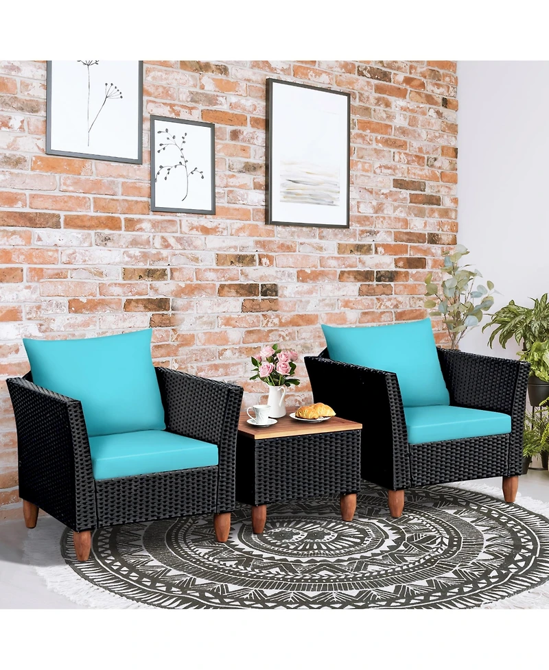 Gymax 3Pieces Patio Rattan Conversation Furniture Set Yard Outdoor with Cushions