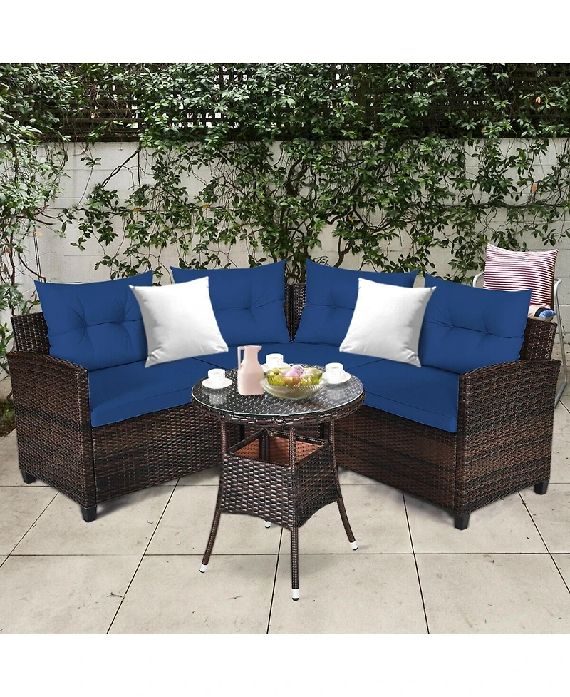 Gymax 4PCS Patio Furniture Set Outdoor Rattan Sectional Sofa Set w/ Navy Cushions
