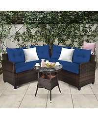 Gymax 4PCS Patio Furniture Set Outdoor Rattan Sectional Sofa Set w/ Navy Cushions