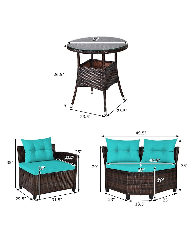 Gymax 4PCS Patio Furniture Set Outdoor Rattan Sectional Sofa Set w/ Turquoise Cushions