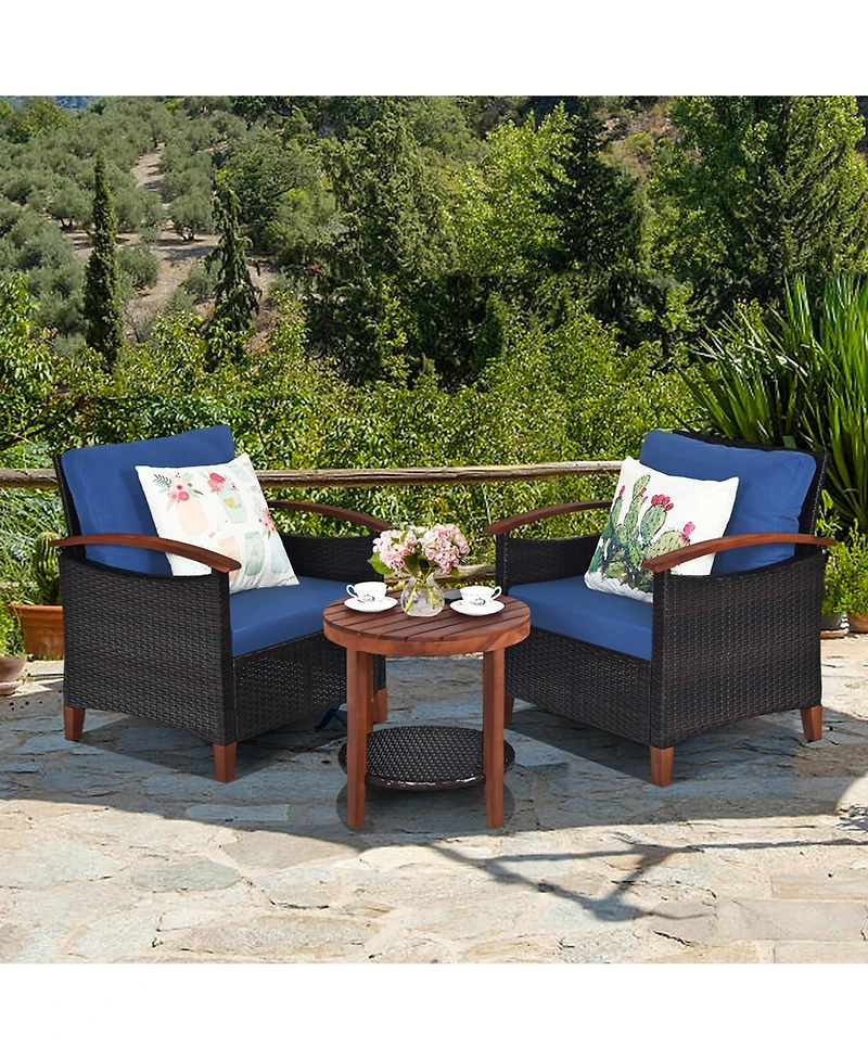 Gymax 3PCS Patio Wicker Rattan Conversation Set Outdoor Furniture Set w/ Cushion