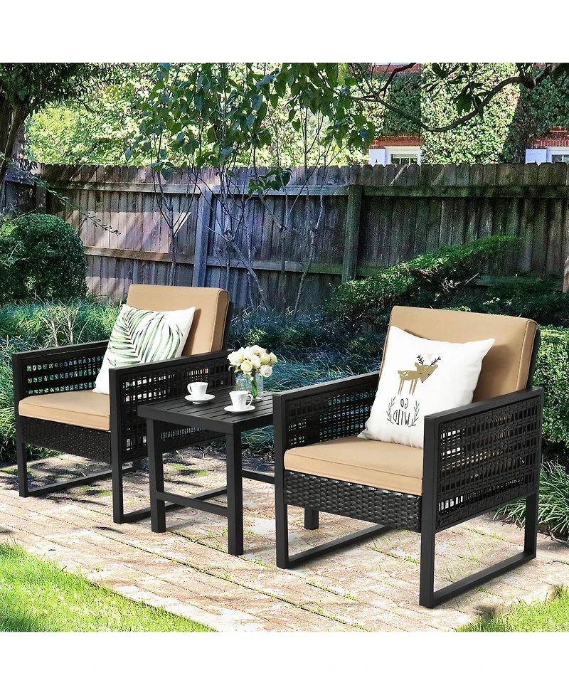 Gymax 3Pieces Rattan Outdoor Bistro Set Patio Conversation Furniture Set with Cushions