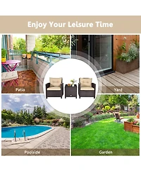 Gymax 3PCS Patio Outdoor Rattan Conversation Set w/ Cushion Coffee Table