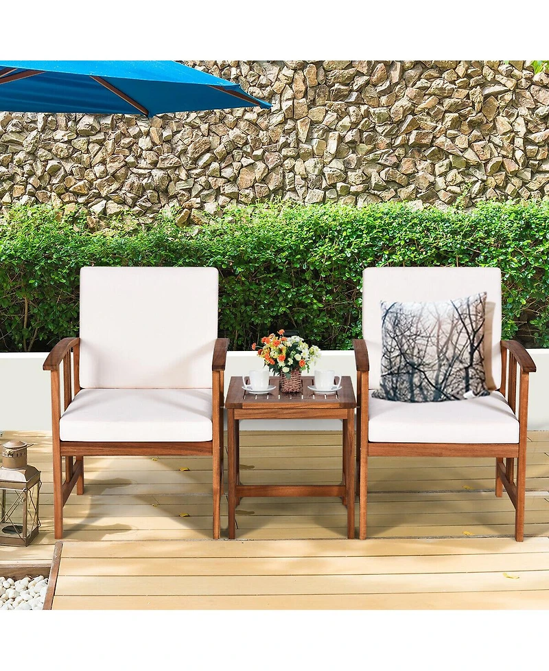 Gymax 3PC Outdoor Patio Sofa Furniture Set Solid Wood Cushioned Conversation Set White