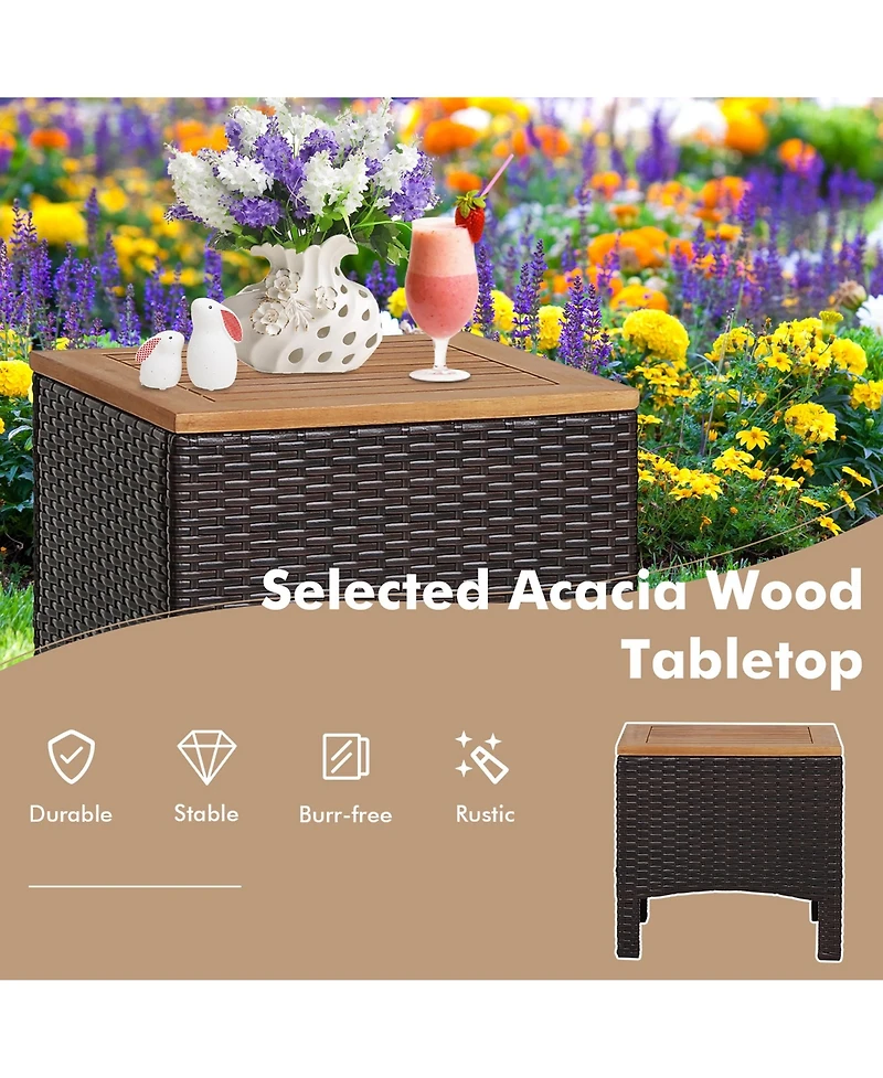 Gymax 3 Piece Patio Bistro Set Pe Rattan Conversation Furniture Set w/ Acacia Wood Tabletop
