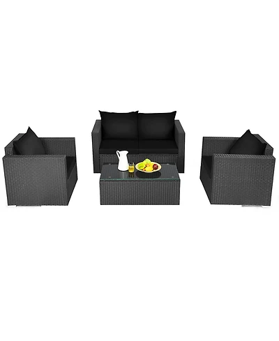 Gymax 4 Piece Rattan Outdoor Furniture Set Patio Conversation Set Cushions and Coffee Table