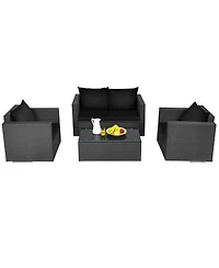 Gymax 4 Piece Rattan Outdoor Furniture Set Patio Conversation Set Cushions and Coffee Table