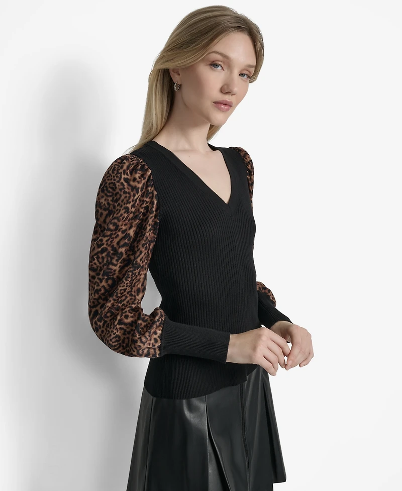 Dkny Women's V-Neck Rib-Knit Satin-Long-Sleeve