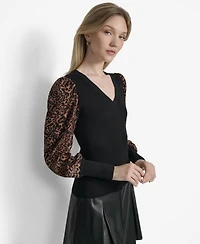 Dkny Women's V-Neck Rib-Knit Satin-Long-Sleeve