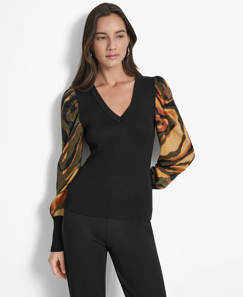 Dkny Women's V-Neck Rib-Knit Satin-Long-Sleeve