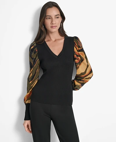 Dkny Women's V-Neck Rib-Knit Satin-Long-Sleeve