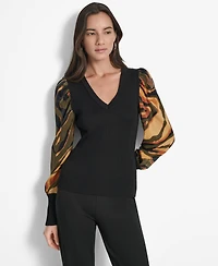 Dkny Women's V-Neck Rib-Knit Satin-Long-Sleeve