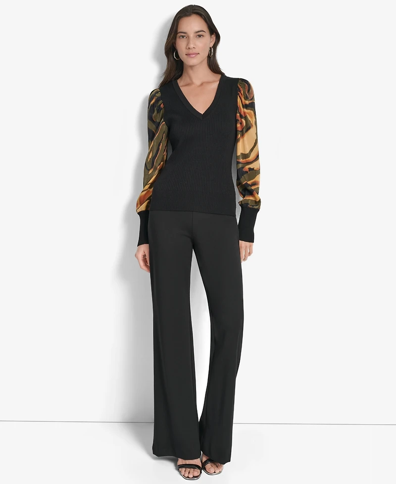 Dkny Women's V-Neck Rib-Knit Satin-Long-Sleeve