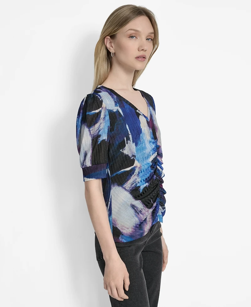 Dkny Women's Printed Puff-Sleeve Ruched Top
