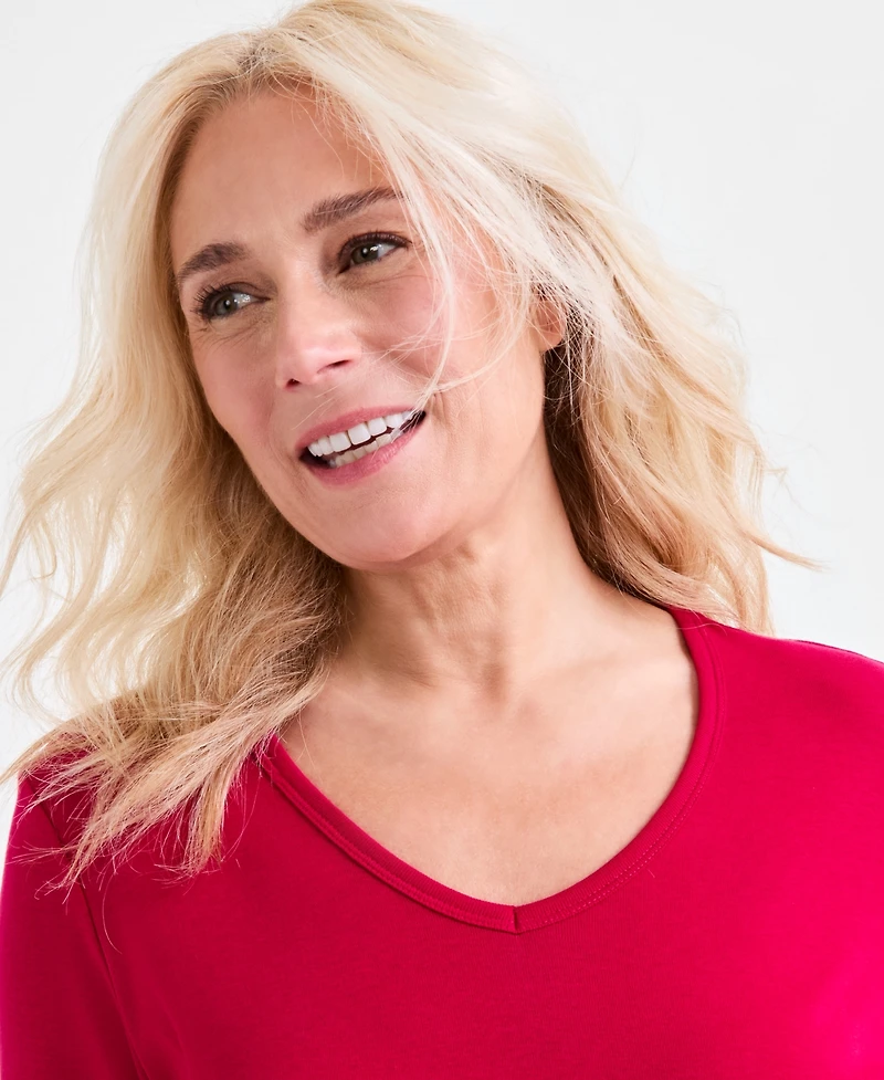 Style & Co Women's Cotton 3/4-Sleeve V-Neck Tee, Created for Macy's