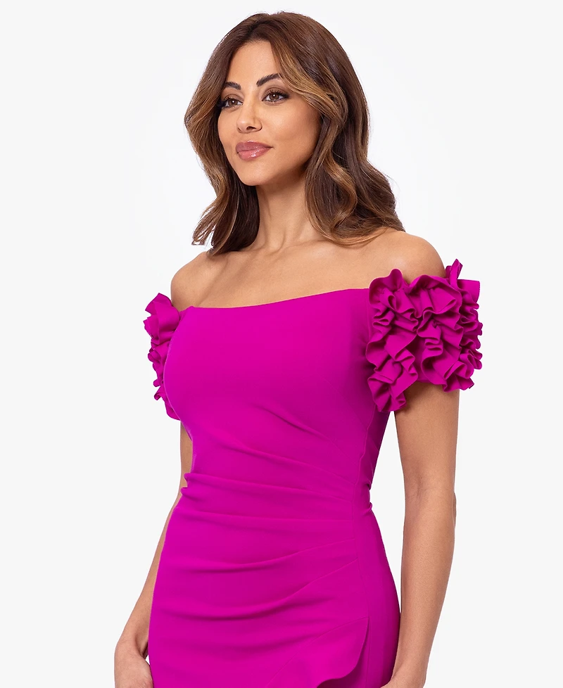 Xscape Petite Off-the-Shoulder Ruffle-Sleeve Midi Dress