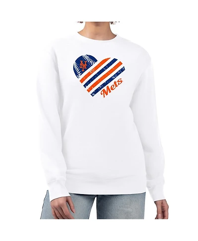 G-iii 4Her by Carl Banks Women's White New York Mets Heart Logo Fleece Pullover Sweatshirt