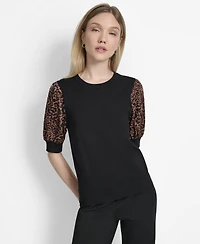 Dkny Women's Mixed-Media Printed-Sleeve Top