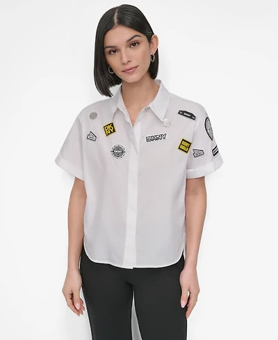 Dkny Women's Cotton Collared Pins & Patch Blouse