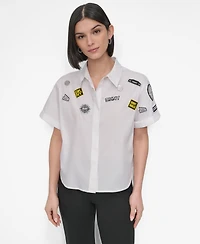 Dkny Women's Cotton Collared Pins & Patch Blouse