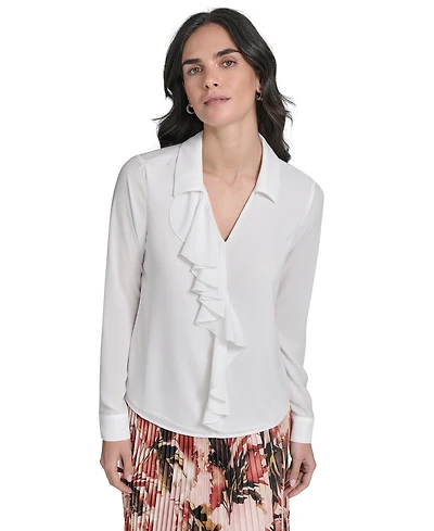 Calvin Klein Petite Ruffle-Trim Collared Blouse