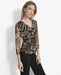 Dkny Women's 3/4-Sleeve Printed Mesh V-Neck Top