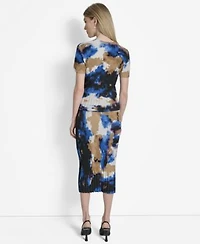 Dkny Womens Printed Mix Rib Short Sleeve Sweater Printed Rib Knit Midi Skirt