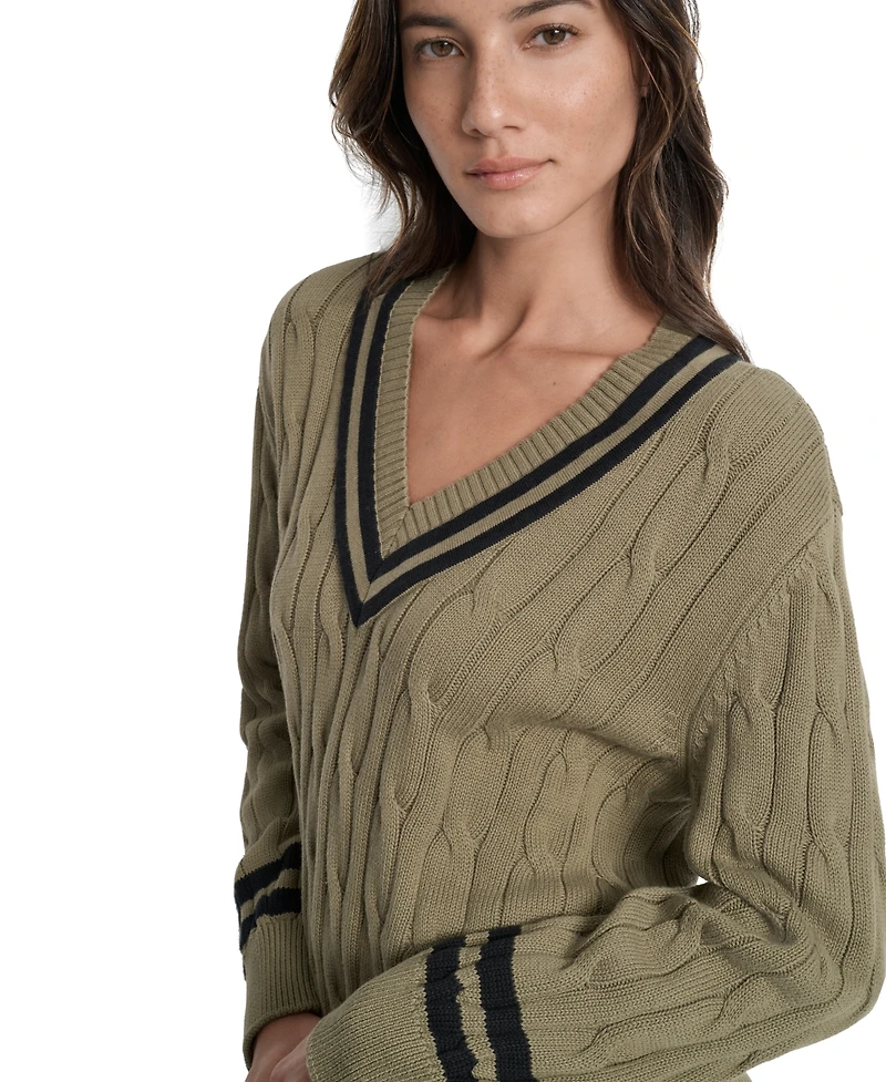Dkny Sport Women's Cotton Cable Knit V-Neck Sweater