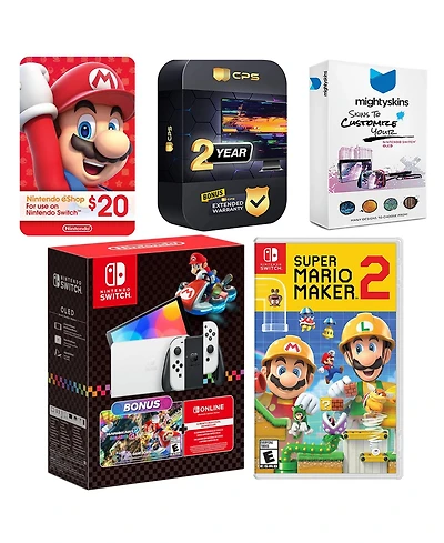 Nintendo Switch Oled Console Mario Kart 8 Bundle with Mario Maker 2, Nintendo $20 eShop Gift Card, MightySkins Console and Controller Skin Voucher, an