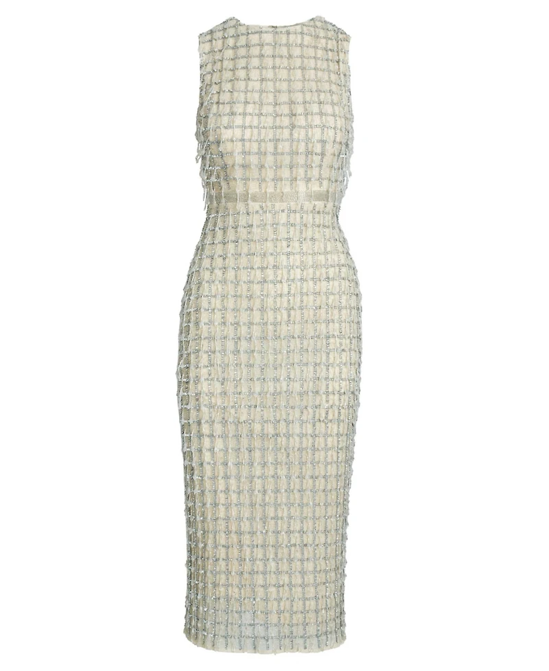 Mac Duggal Women's Sleeveless High Neck Beaded Midi Sheath Dress