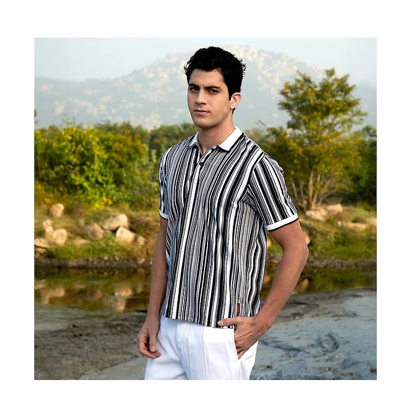 Men's Cream White & Midnight Black Multitrack Knit Polo T-Shirt