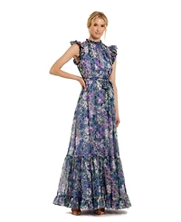 Mac Duggal Women's Printed Chiffon Ruffle Sleeve Gown With Bow Belt