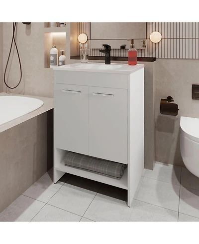 Shell Bathroom Vanity with 2 Doors and Open Storage, White